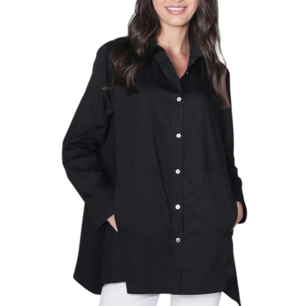 WynneLayers Women's Style Stretch Poplin Button Up Top Black - Regular